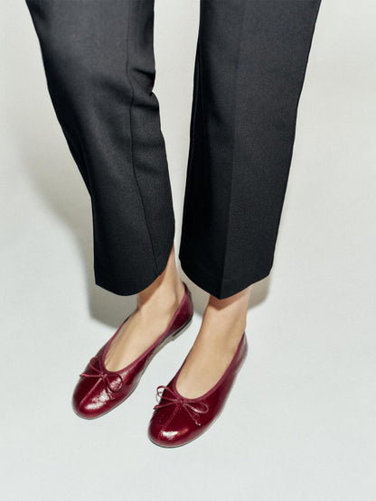 Burgundy Square-Toe Chic Front Bow Slip-On Classic Ballet Flats