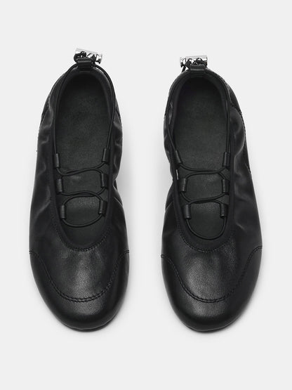 Black Round-Toe Elastic Adjustable Closure Ballet Sneakers