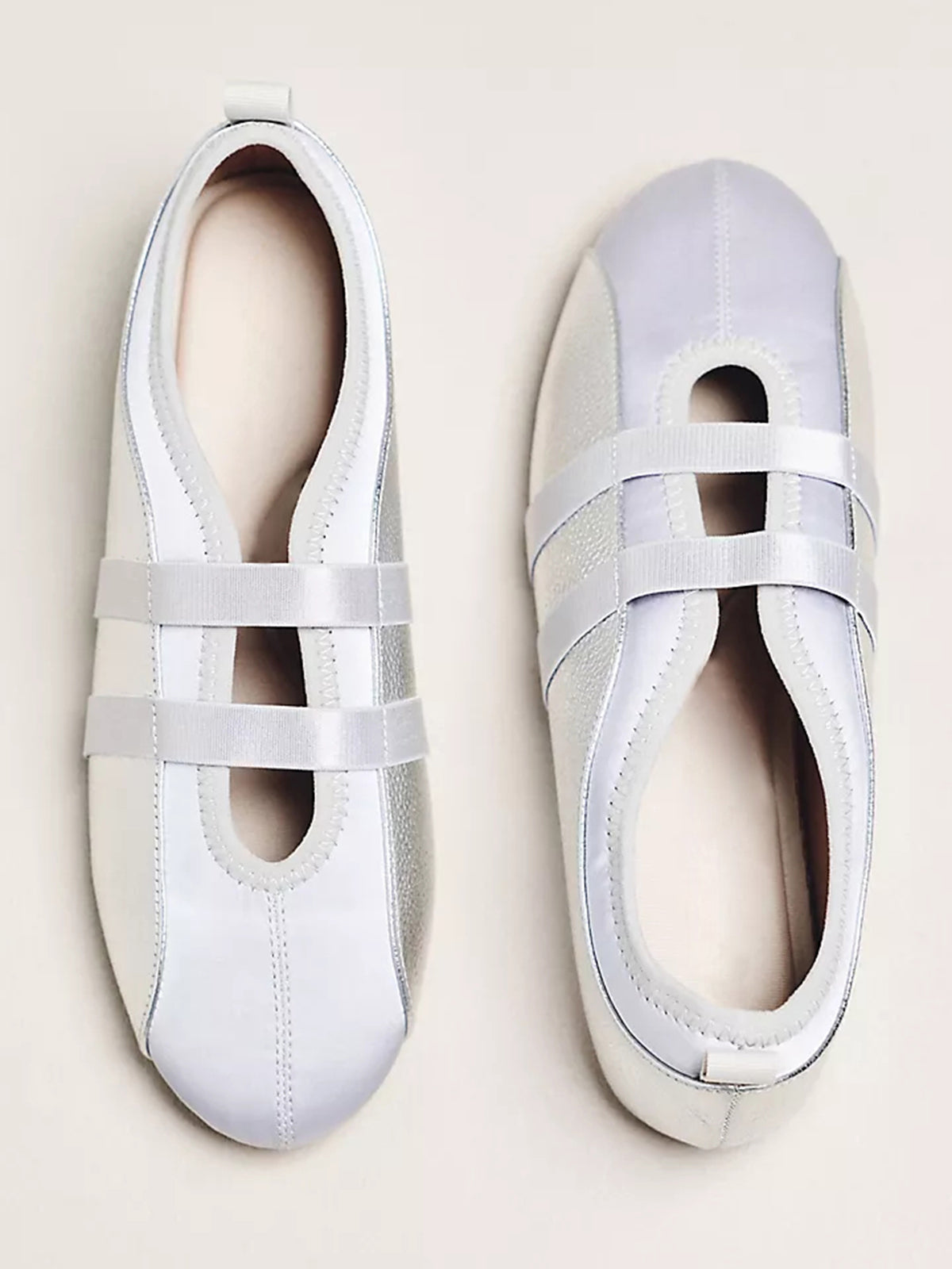 Silver Vegan Leather And Satin Round-Toe Double Middle Strap Sporty Ballet Sneakers