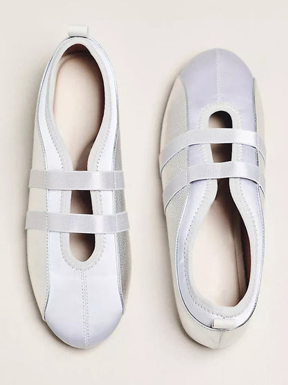 Silver Vegan Leather And Satin Round-Toe Double Middle Strap Sporty Ballet Sneakers