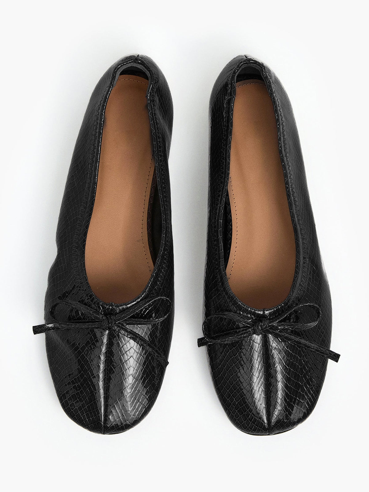 Black Snakeskin Pattern Classic Square-Toe Front Bow Simple Ballet Flats