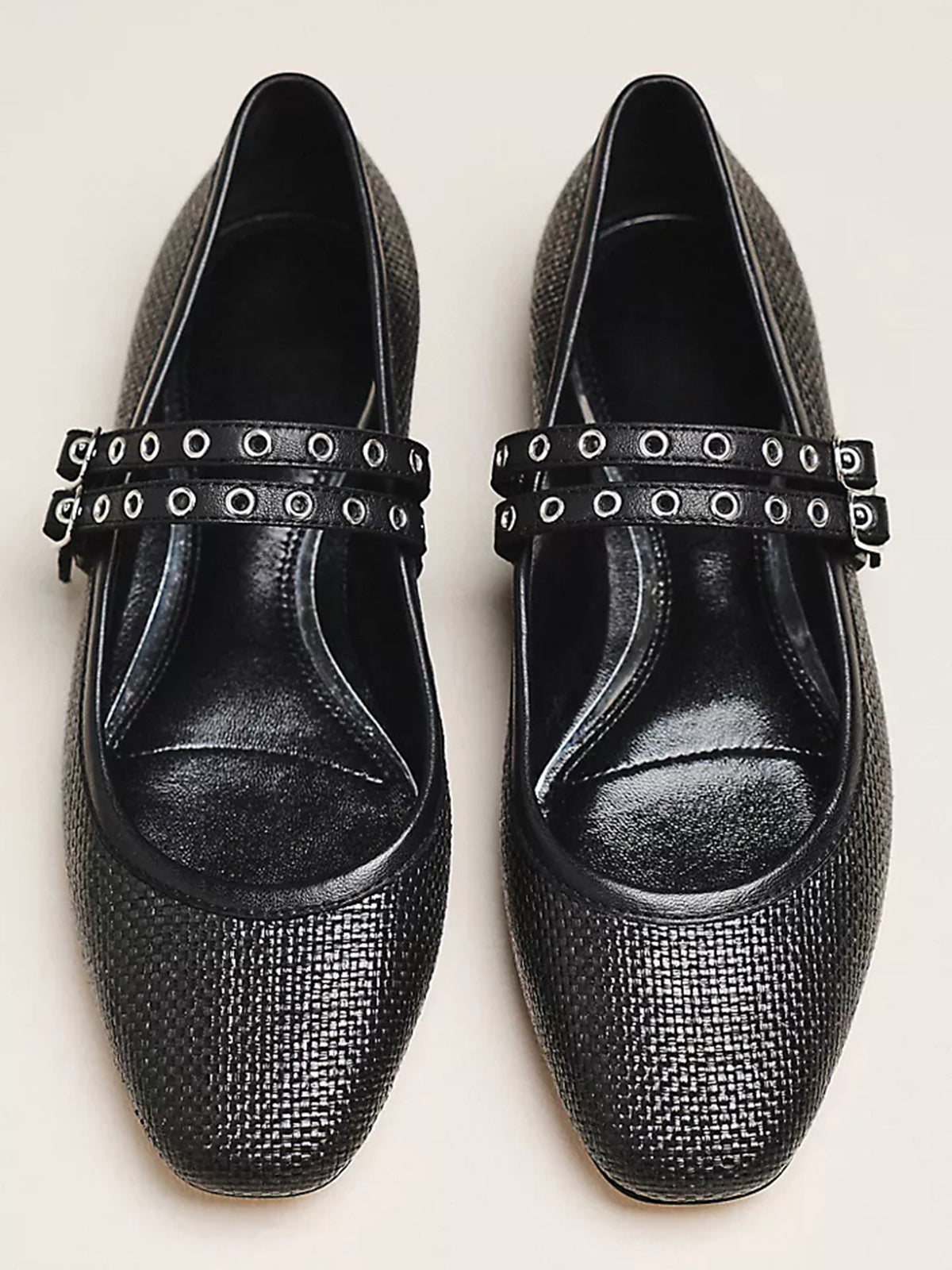 Black Grass Woven Square-Toe Double Mary Jane With Eyelets Ballet Flats
