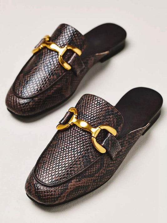 Snakeskin Pattern Vegan Leather Square-Toe Slip-On Backless Loafers Flats