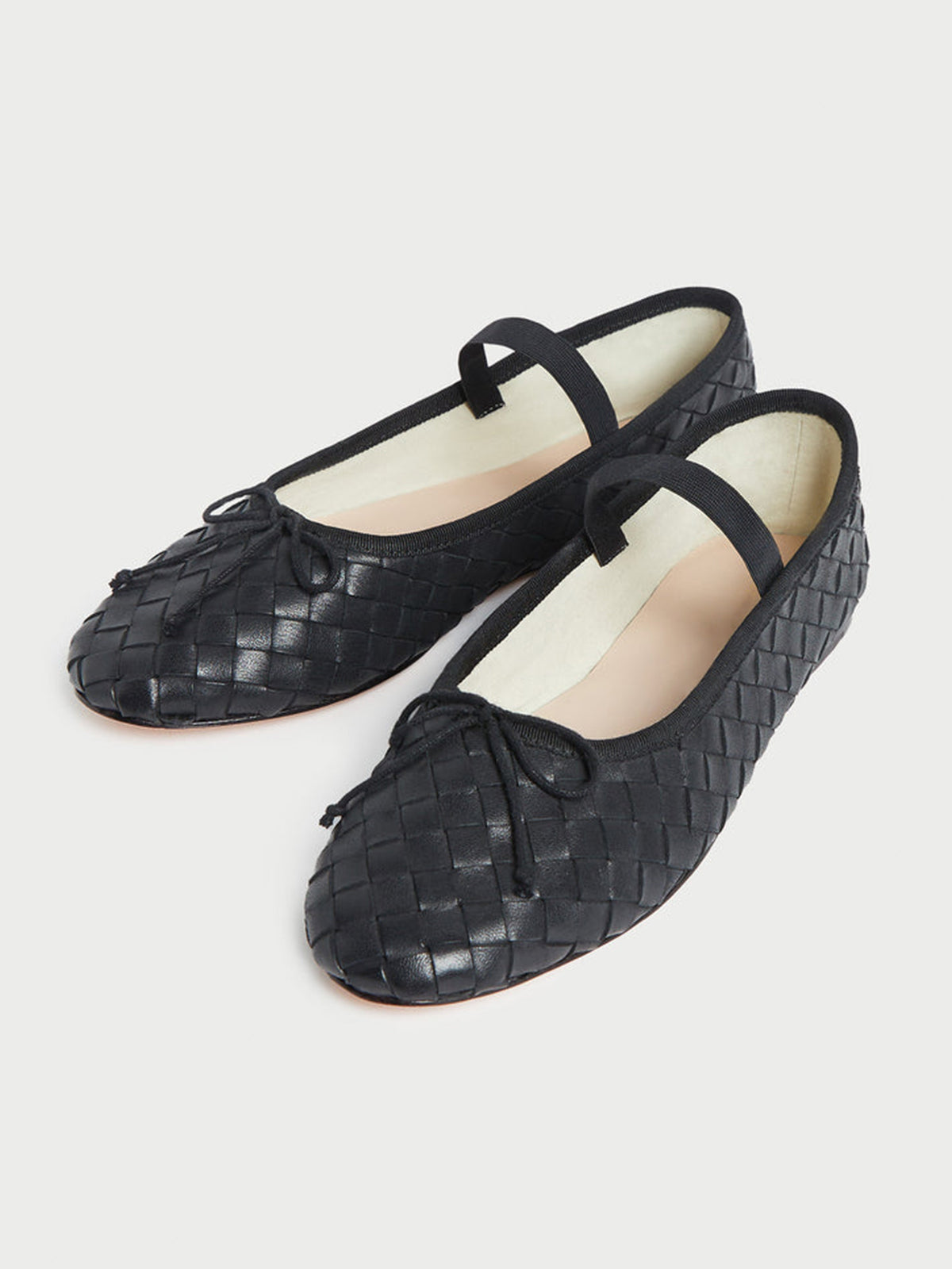 Black Woven Vegan Leather Round-Toe Front Bow And Middle Strap Ballet Flats