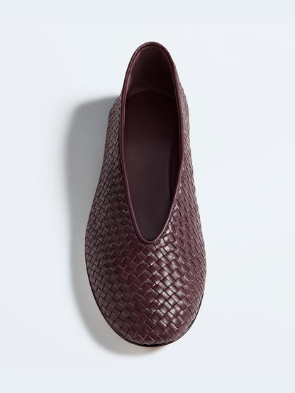 Deep Mahogany Woven Vegan Leather Round-Toe Slip-On Ballet Flats