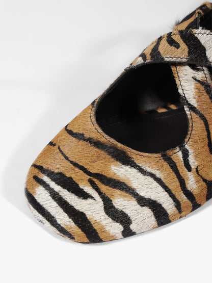 Tiger Pattern Square-Toe Chic Crossed Strap With Buckle Slip-On Flats