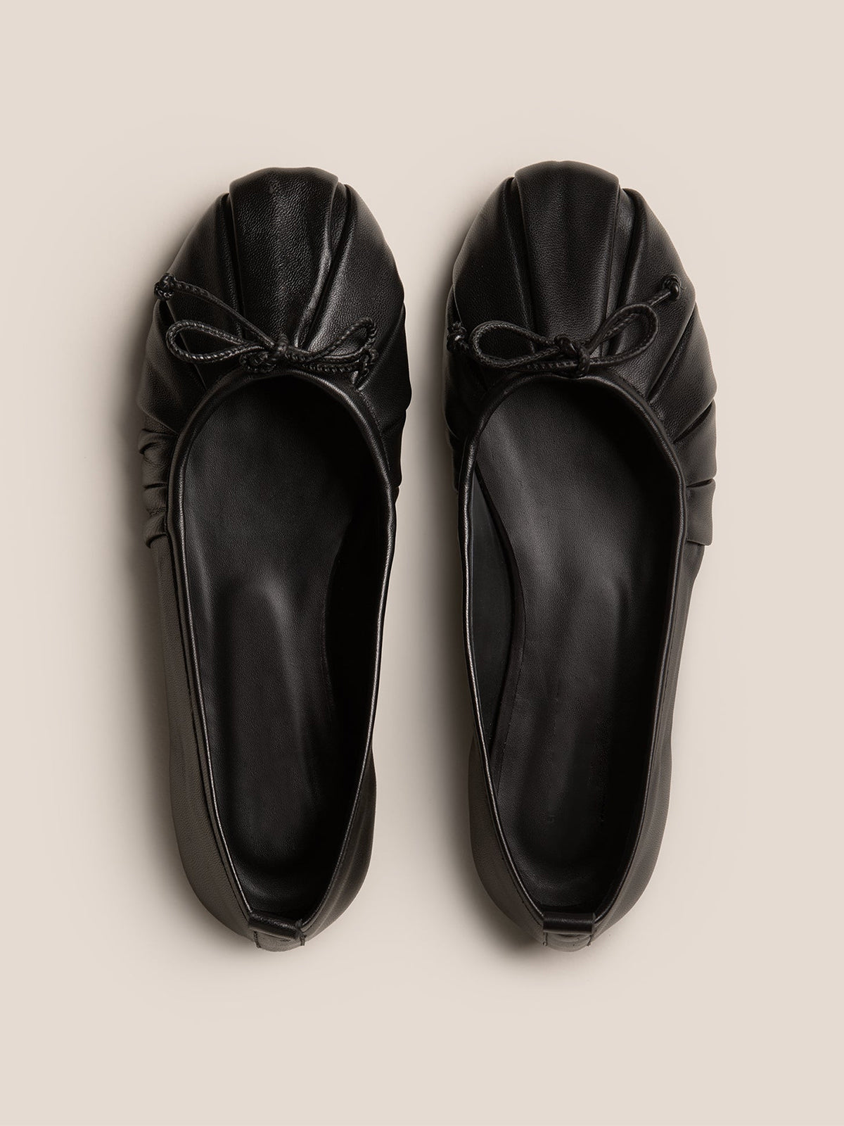Black Round-Toe Front Bow Slip-On Pleated Flats