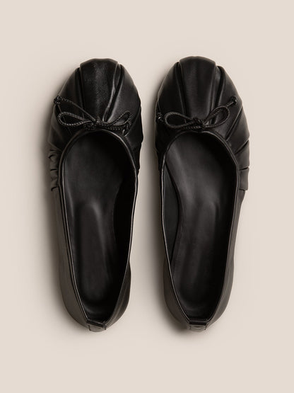 Black Round-Toe Front Bow Slip-On Pleated Flats