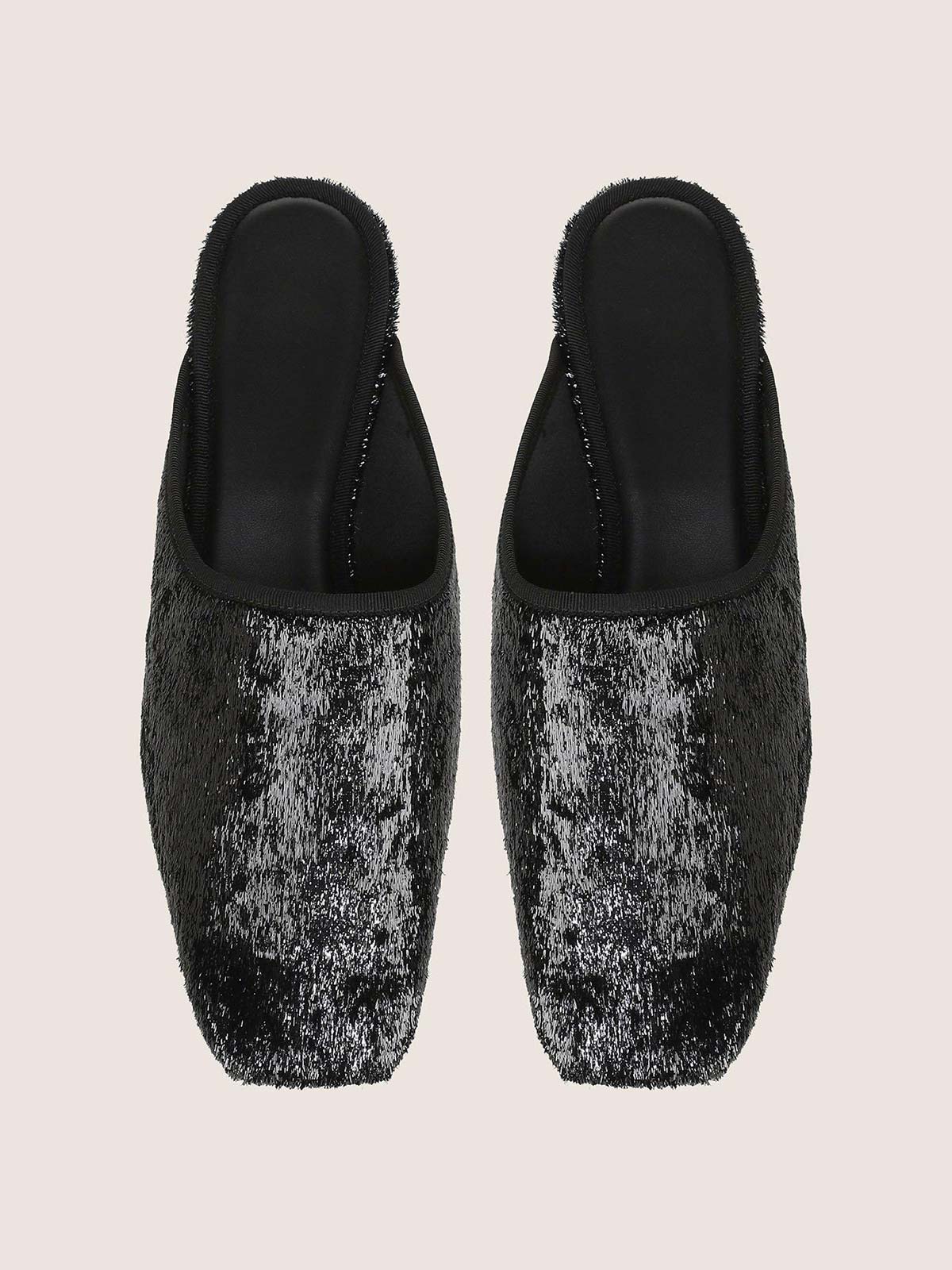 Metallic Black Square-Toe Chic Backless Simple Flats