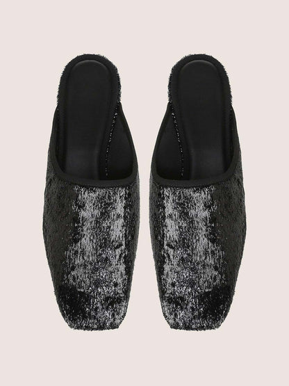 Metallic Black Square-Toe Chic Backless Simple Flats