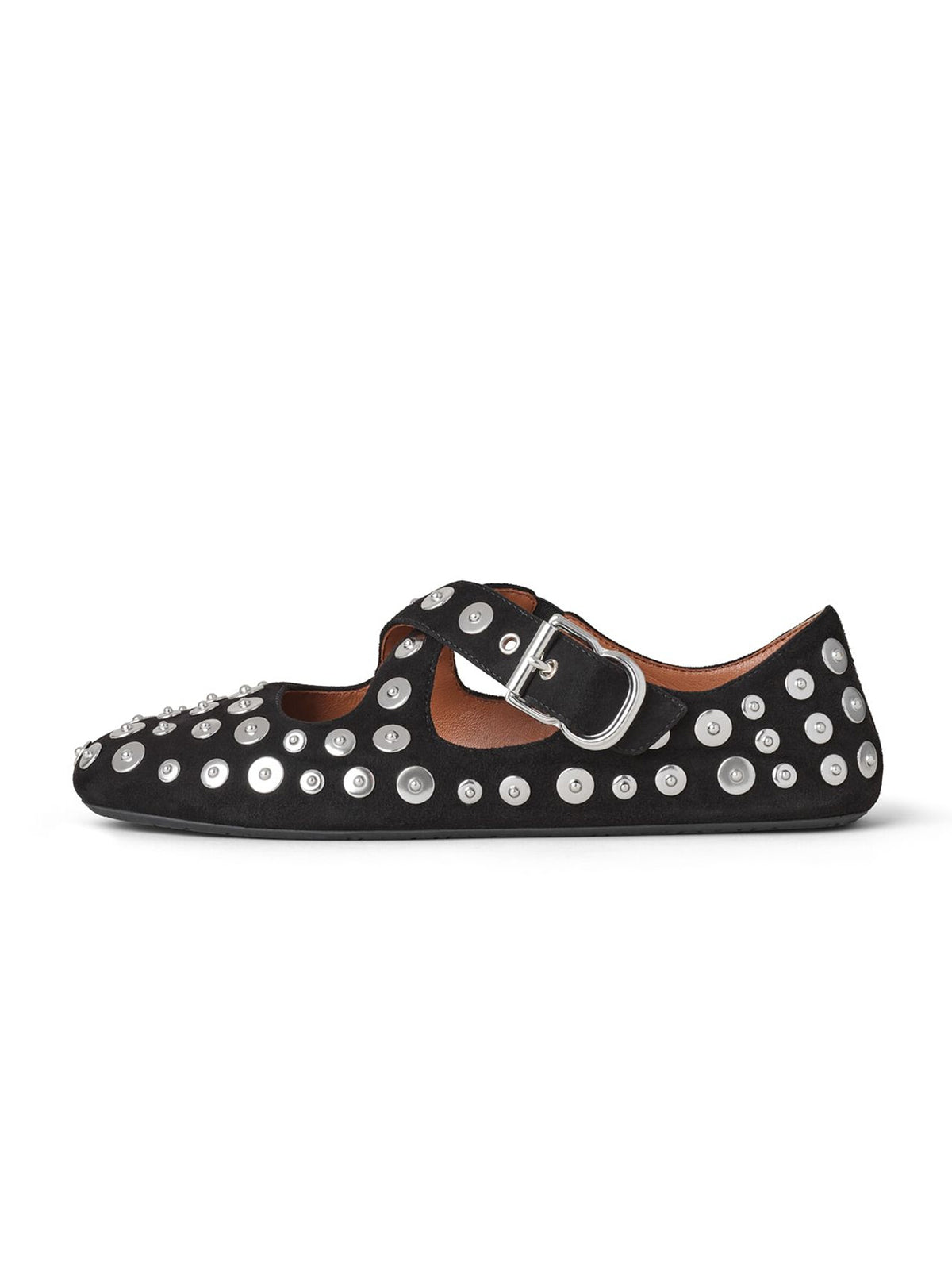 Black Faux Suede Round-Toe Full Studs Crossed Straps Ballet Flats