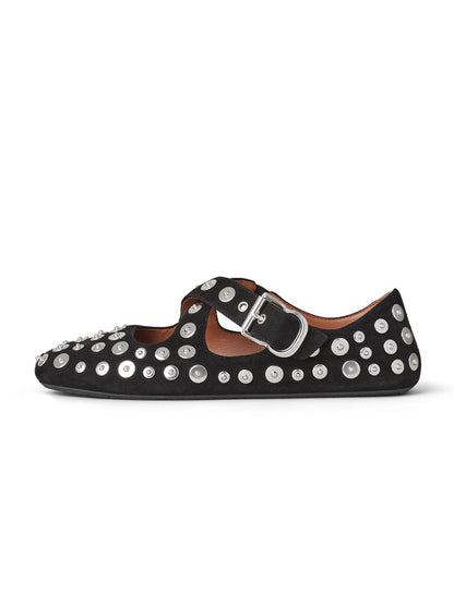 Black Faux Suede Round-Toe Full Studs Crossed Straps Ballet Flats