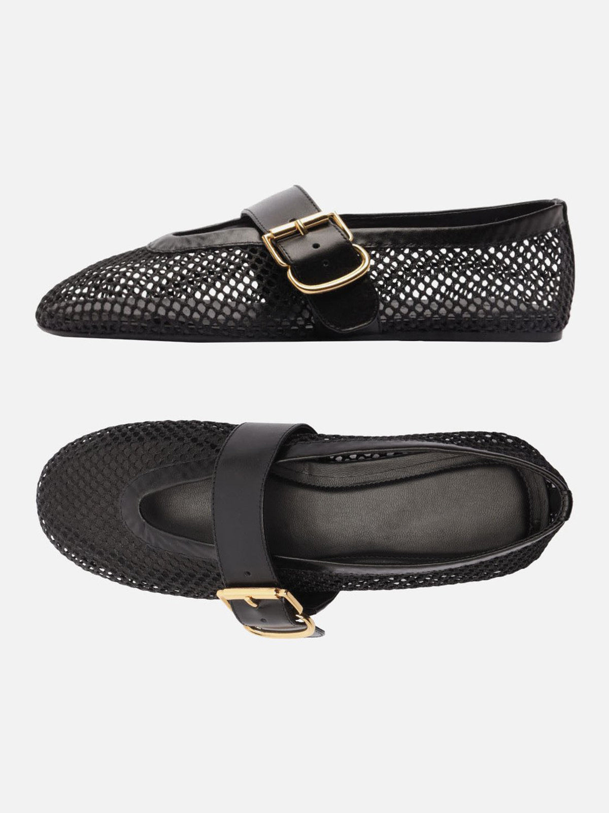 Black Mesh Round-Toe Buckle Wide Strap Slip-On Ballet Flats