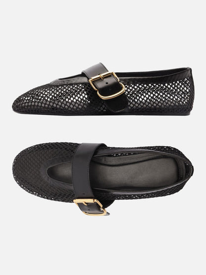 Black Mesh Round-Toe Buckle Wide Strap Slip-On Ballet Flats