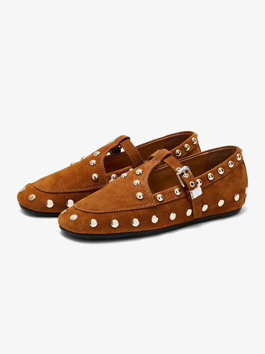 Brown Faux Suede Round-Toe Studs And Middle Strap Chic Flats