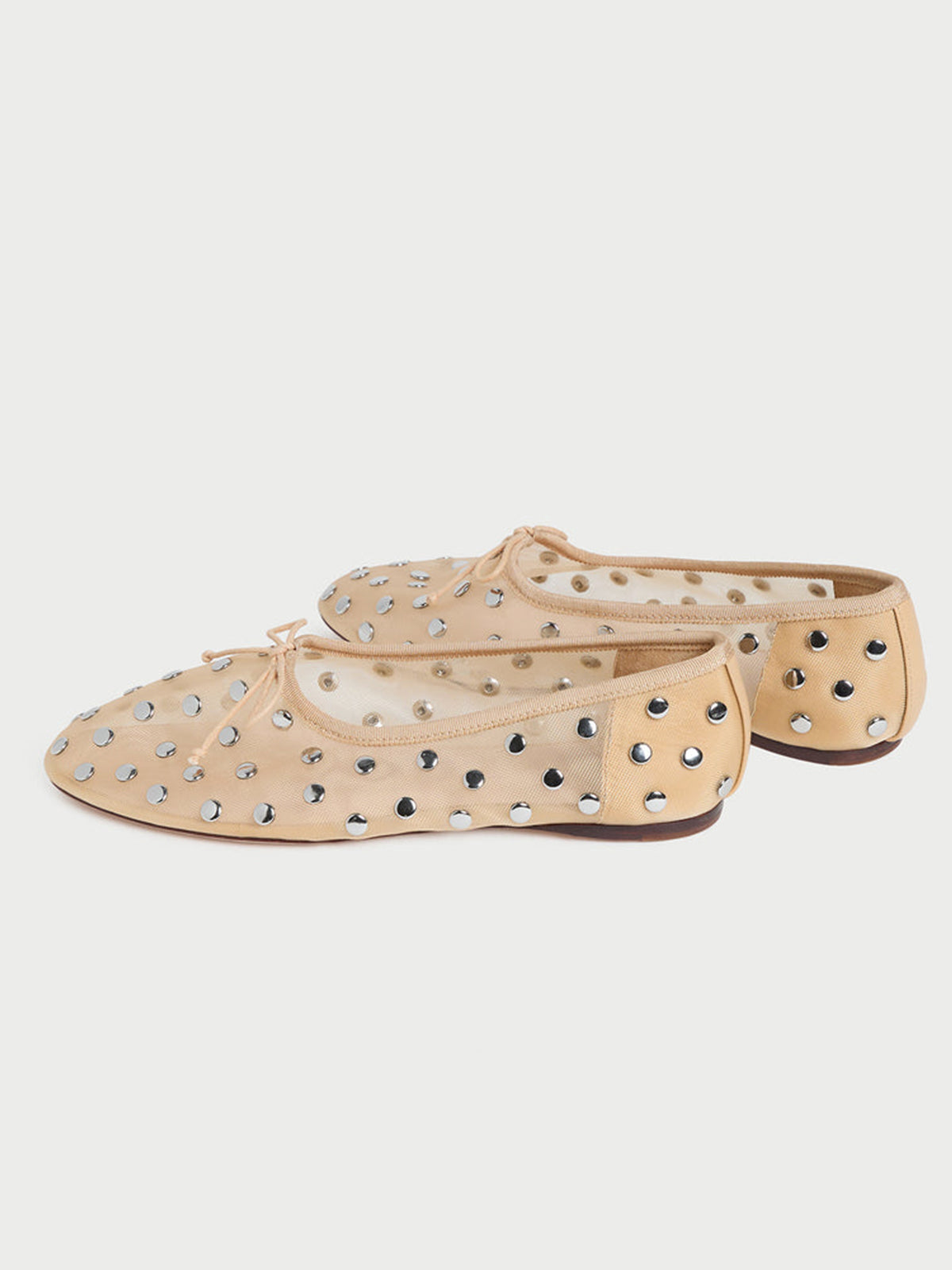 Sand Mesh Round-Toe Chic Front Bow Slip-On Studs Ballet Flats