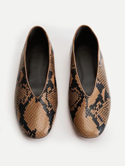 Snakeskin Pattern Square-Toe Slip-On Ballet Flats