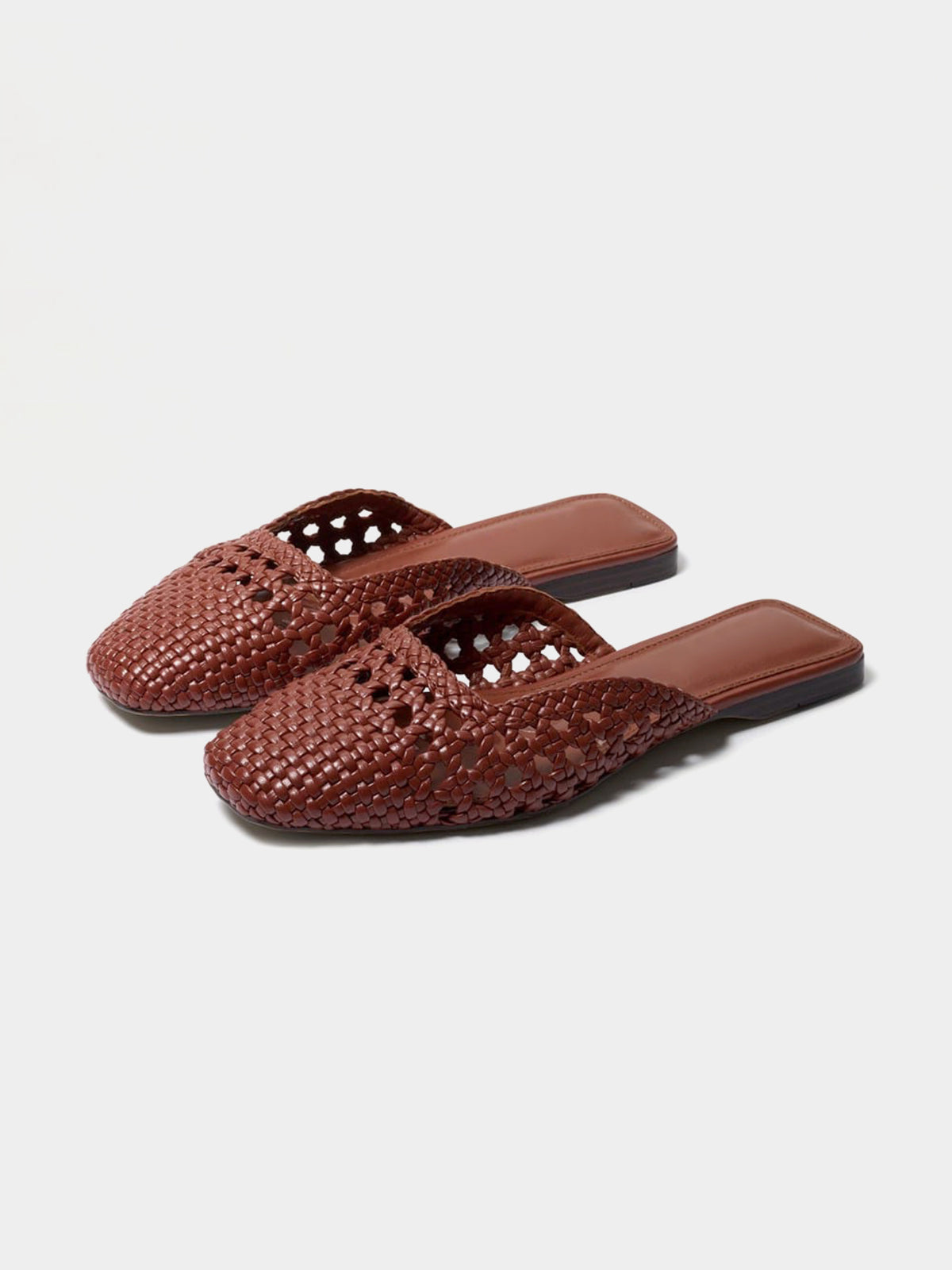 Woven Vegan Leather Square-Toe Cutout Backless Flats - Brown