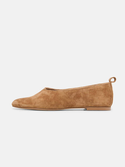 Tan Faux Suede Square-Toe Slip-On Simple Flats