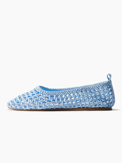 Blue Satin Woven Square-Toe Simple Slip-On Ballet Flats