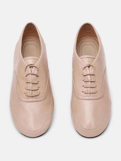 Bone Round-Toe Lace-Up Slip-On Chic Flats