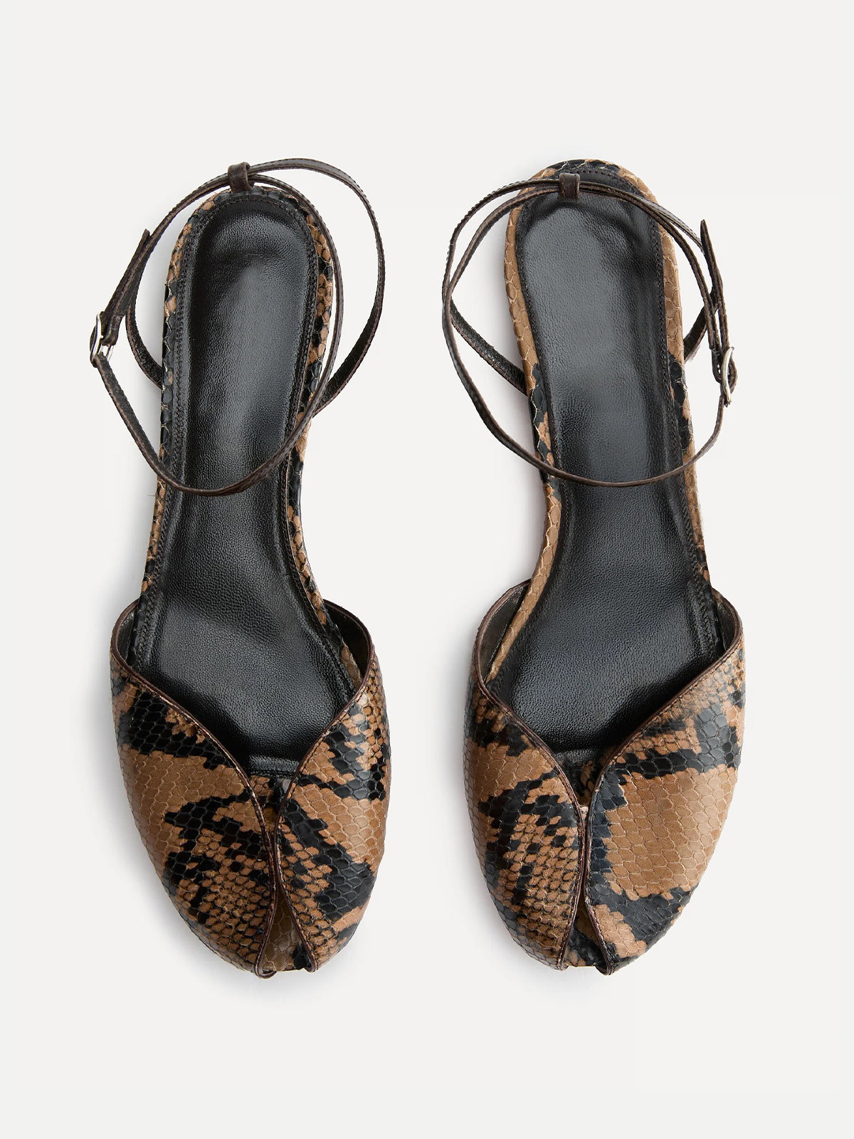 Snakeskin Pattern Peep Round-Toe Slip-On Back And Ankle Strap Flats