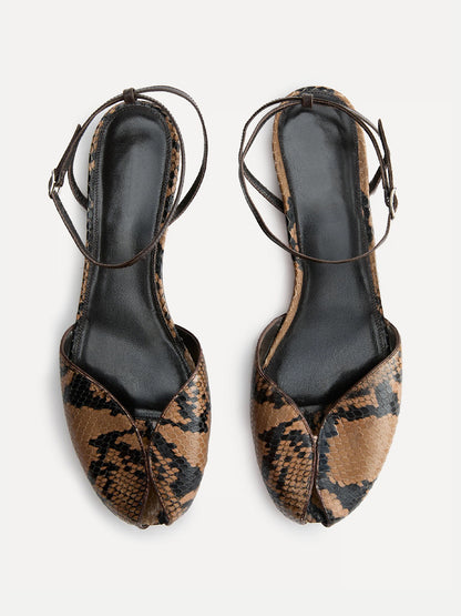 Snakeskin Pattern Peep Round-Toe Slip-On Back And Ankle Strap Flats