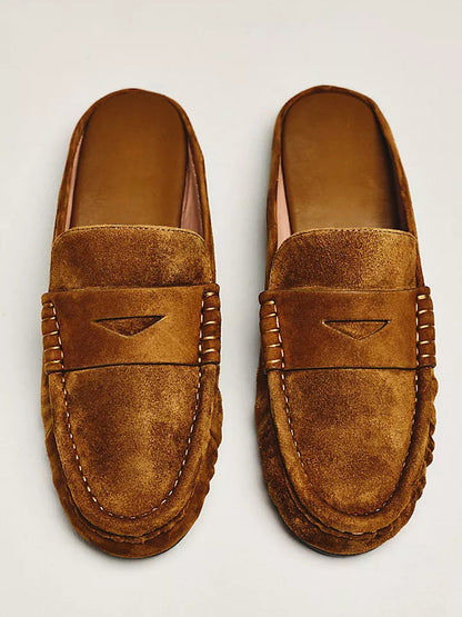 Caramel Round-Toe Simple Backless Loafer Mules Flats