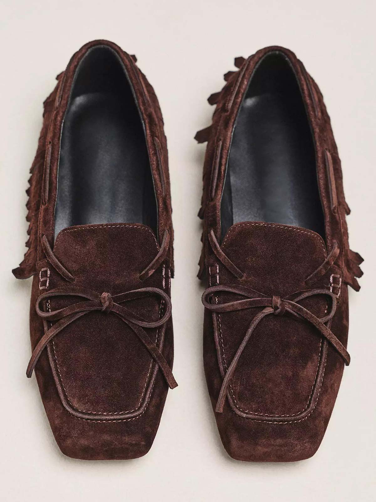 Brown Cow Suede Square-Toe Front Bow Side Fringe Slip-On Flats