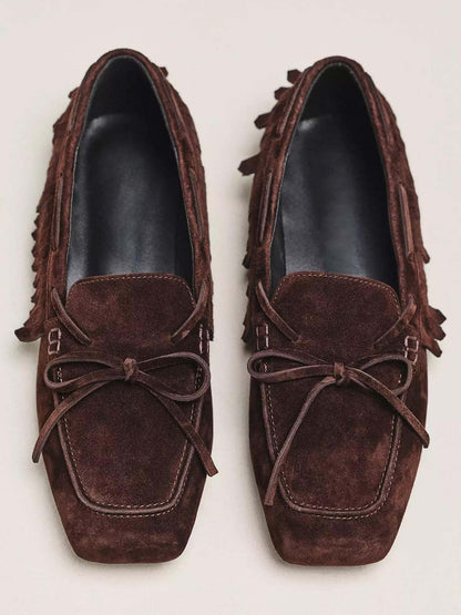 Brown Cow Suede Square-Toe Front Bow Side Fringe Slip-On Flats