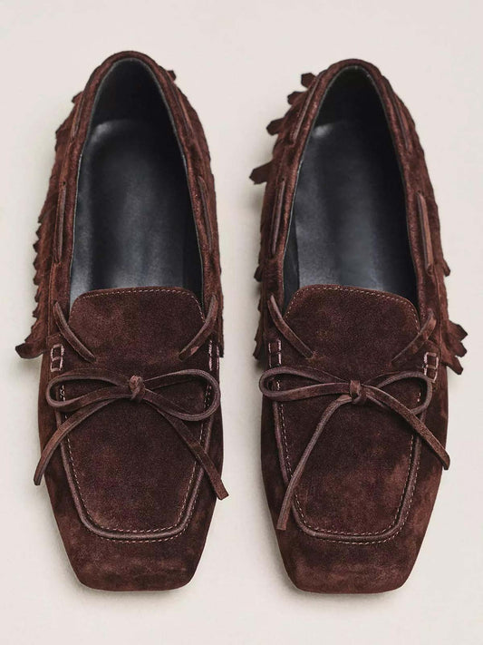 Brown Cow Suede Square-Toe Front Bow Side Fringe Slip-On Flats