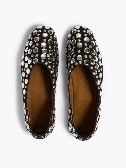 Studs Slip-On Round-Toe Simple Ballet Flats - Black Faux Suede