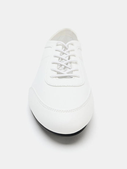 White Vegan Leather Round-Toe Chic Lace-Up Sporty Flats