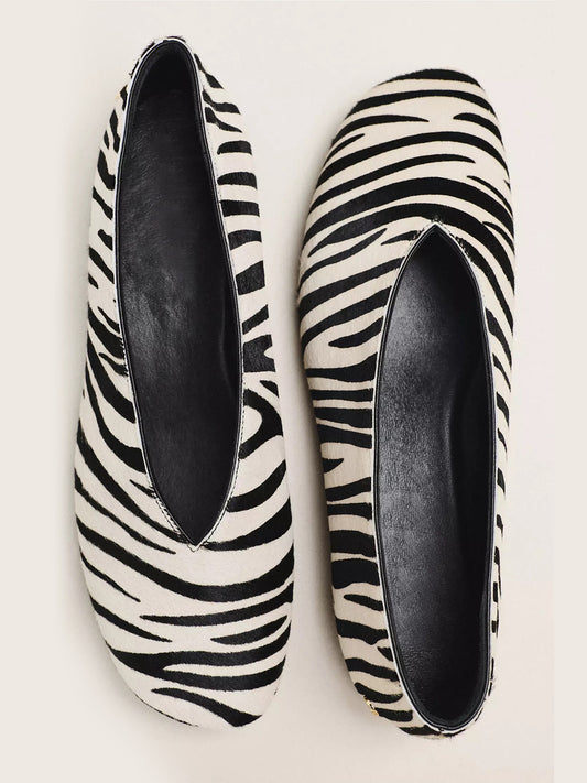 Zebra Pattern Pony Hair Vegan Leather Square-Toe Slip-On Ballet Flats