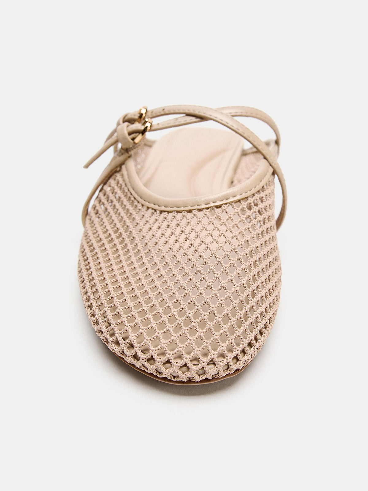 Bone Mesh Round-Toe Buckle Crossed Straps Backless Flats