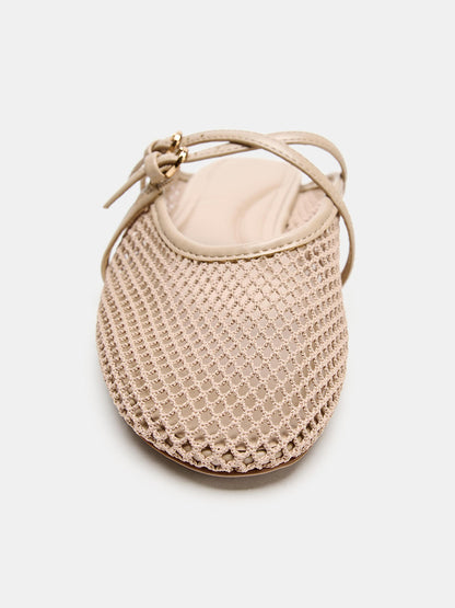 Bone Mesh Round-Toe Buckle Crossed Straps Backless Flats