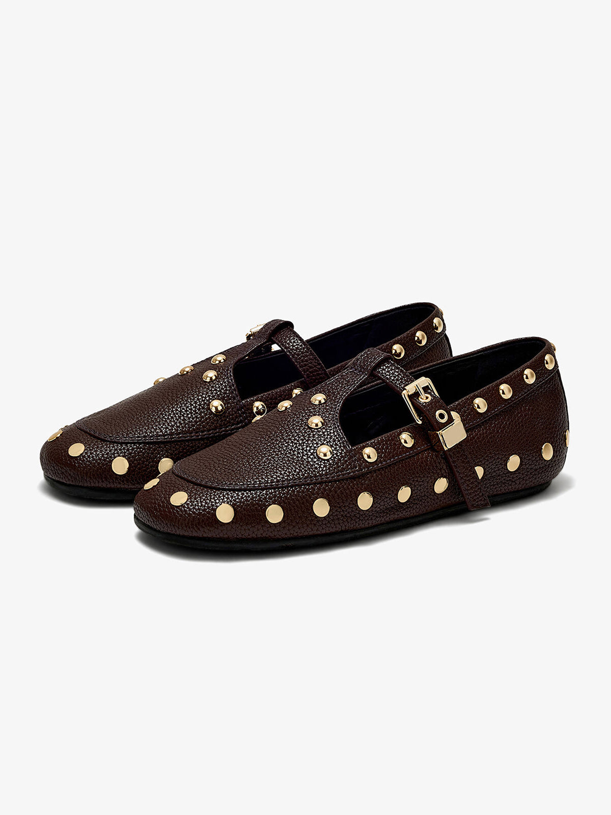 Coffee Round-Toe Studs And Middle Strap Chic Flats