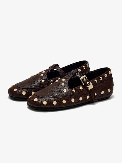 Coffee Round-Toe Studs And Middle Strap Chic Flats