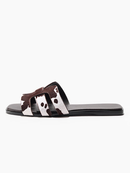 Cow Pattern Pony Hair Vegan Leather Square-Toe Backless Slip-On Sandals