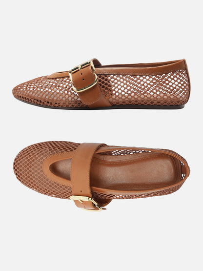 Brown Mesh Round-Toe Buckle Wide Strap Slip-On Ballet Flats