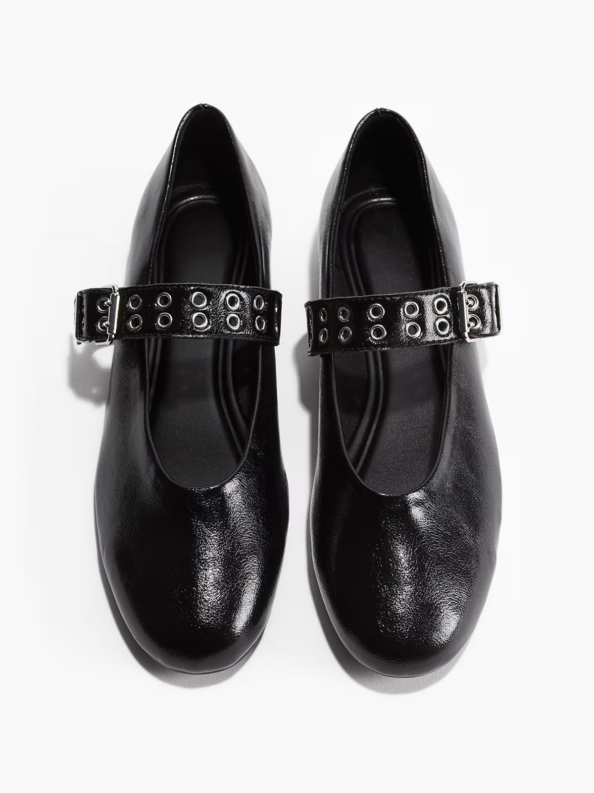 Black Round-Toe Middle Strap With Eyelets Ballet Flats