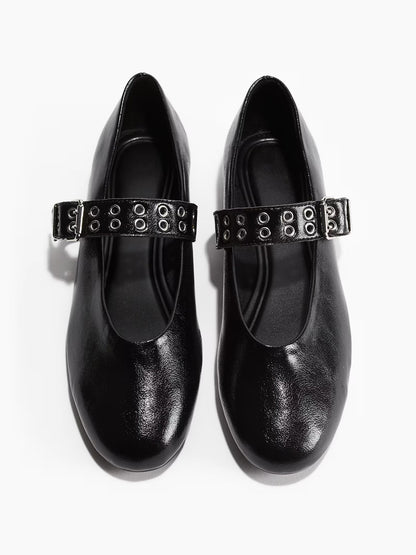 Black Round-Toe Middle Strap With Eyelets Ballet Flats
