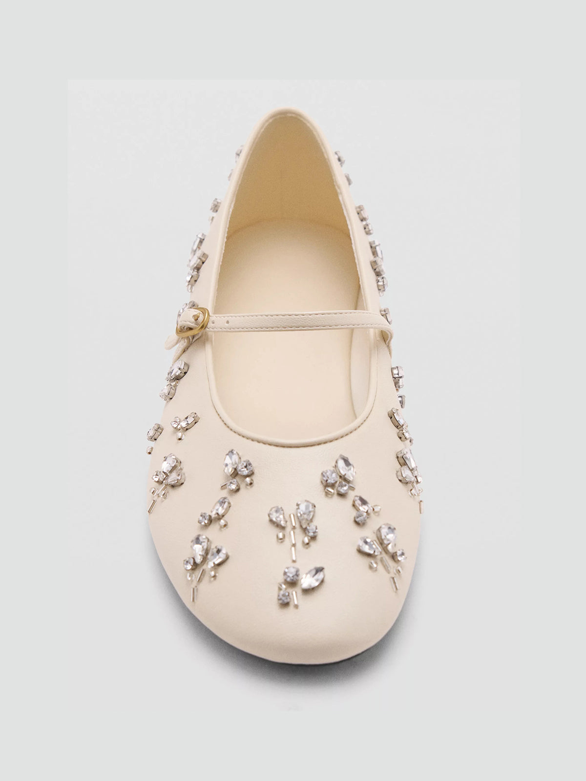 Ecru Round-Toe Crystals Detail Mary Jane Ballet Flats