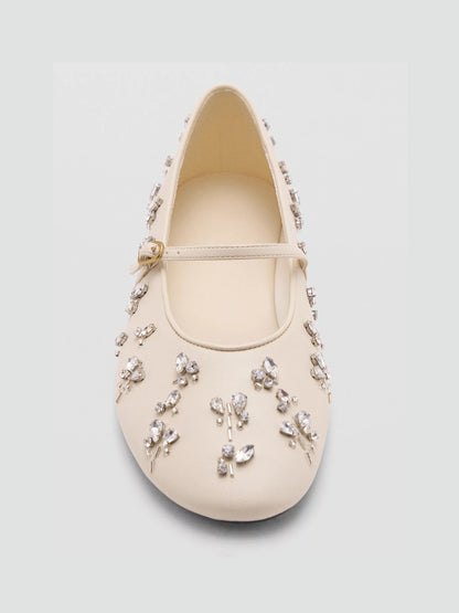 Ecru Round-Toe Crystals Detail Mary Jane Ballet Flats