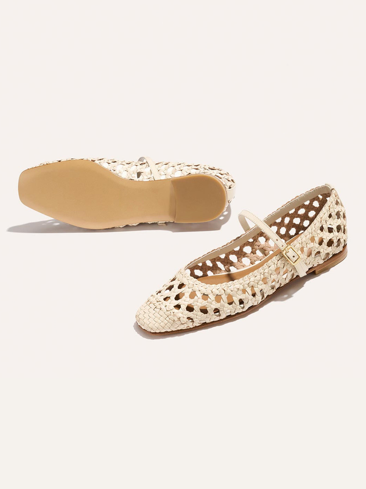 Cream Woven Vegan Leather Square-Toe Mary Jane Chic Ballet Flats