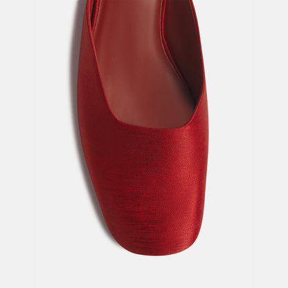 Slip-On Square-Toe Backless Mules Flats - Red Satin
