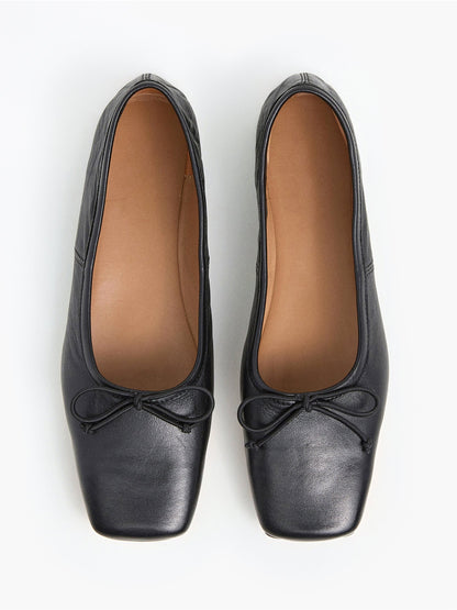 Black Classic Square-Toe Front Bow Simple Ballet Flats