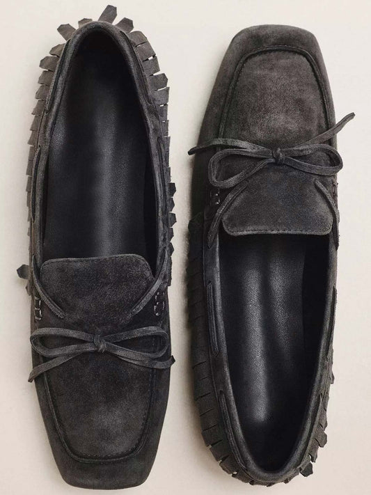 Dark Gray Cow Suede Square-Toe Front Bow Side Fringe Slip-On Flats