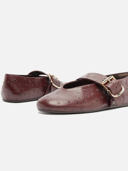 Red Ostrich Pattern Vegan Leather Round-Toe Mary Jane Chic Ballet Flats
