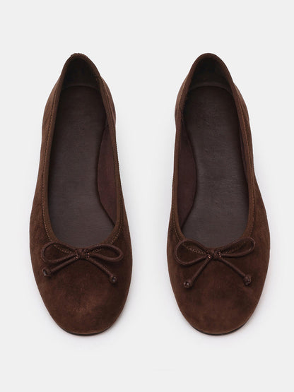 Brown Faux Suede Round-Toe Simple Slip-On Ballet Flats With Front Bow